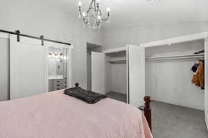 Bedroom featuring carpet, a barn door, ensuite bathroom, two closets, and high vaulted ceiling