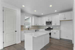 Kitchen with backsplash, appliances with stainless steel finishes, white cabinets, recessed lighting, and dark wood-style flooring