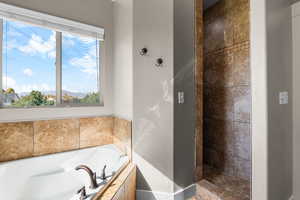 Full bath featuring a garden tub and a stall shower