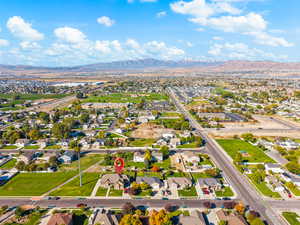 Aerial perspective of suburban area with mountains