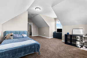 Carpeted bedroom featuring a textured ceiling and vaulted ceiling
