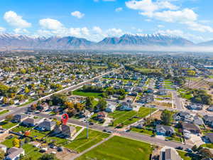 Aerial view of residential area with mountains