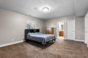 Carpeted bedroom with a textured ceiling and ensuite bath