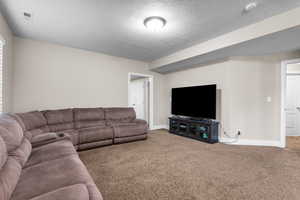Living room featuring carpet and a textured ceiling
