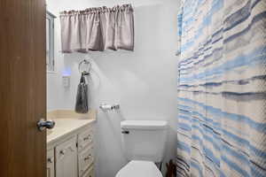Full bath featuring vanity and a shower with shower curtain