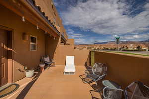 View of patio / terrace featuring a mountain view