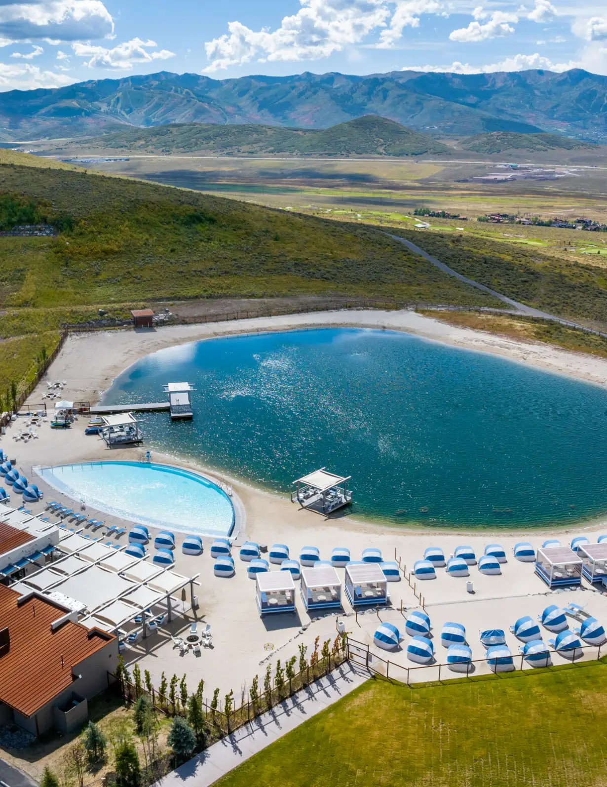 Aerial view of mountains and a pool