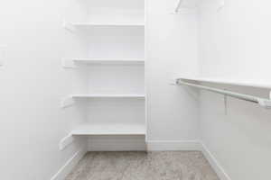 Walk in closet with light carpet