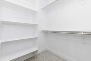 Walk in closet featuring light carpet