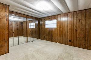 Spare room featuring carpet, a textured ceiling, and wooden walls