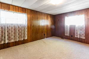 Carpeted spare room with wooden walls