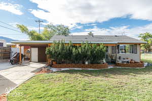 Single story home featuring a patio, driveway, an attached carport, and a shingled roof
