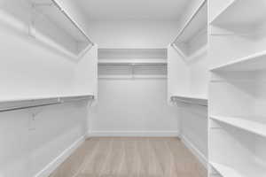 Walk in closet with light colored carpet