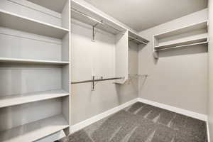 Walk in closet with dark colored carpet
