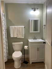 Full bathroom featuring vanity, dark wood finished floors, curtained shower, and a textured ceiling