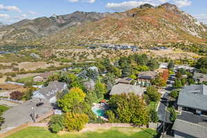 Aerial perspective of suburban area with a mountain backdrop
