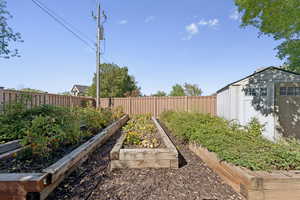 Fenced backyard featuring a shed and a vegetable garden