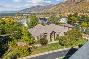 Aerial view of residential area with a mountainous background