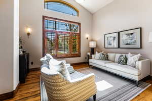 Living room featuring wood finished floors and high vaulted ceiling