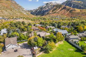 Aerial perspective of suburban area with mountains