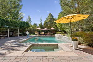 View of swimming pool featuring a patio area, an in-ground hot tub, and a fenced backyard