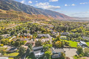 Aerial overview of property's location with nearby suburban area