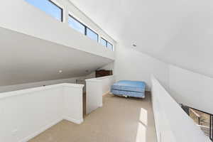 Additional living space featuring light carpet and vaulted ceiling