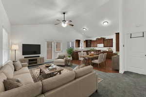 Living room open to kitchen and dining