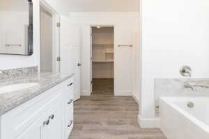 Full bathroom featuring vanity, a garden tub, light wood finished floors, and a walk in closet