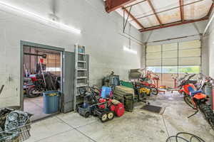 Garage with concrete block wall