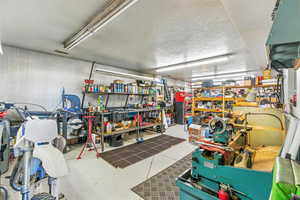 Garage with a heating unit and concrete block wall