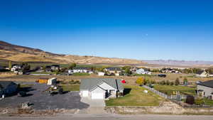 Bird's eye view of a mountainous background looking west