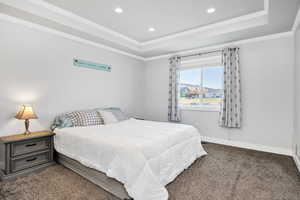Primary bedroom with a raised ceiling, crown molding, dark carpet, and recessed lighting