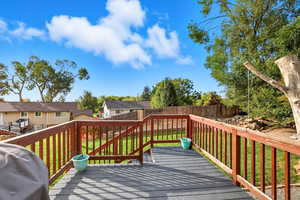 Wooden terrace featuring a grill, a fenced backyard, and a residential view