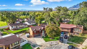Aerial perspective of suburban area with mountains