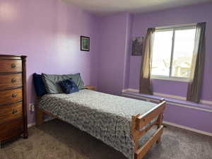 Bedroom with dark colored carpet and baseboards