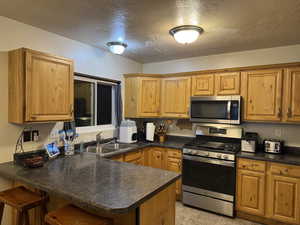 Kitchen featuring appliances with stainless steel finishes, a peninsula, dark countertops, and brown cabinets