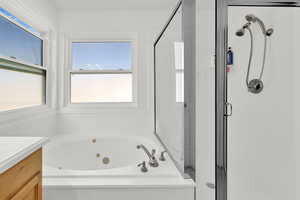 Bathroom featuring a shower stall, vanity, and a jetted tub