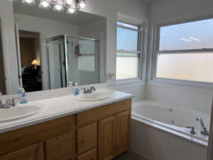 Primary bathroom with a whirlpool tub, a stall shower, double vanity, and ensuite bath
