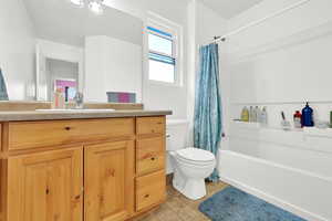 Full bath with vanity, shower / bath combo