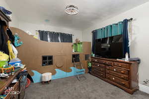 Bedroom featuring carpet and a textured ceiling