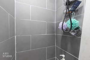 Bathroom view of a tile shower