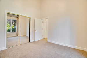 Unfurnished bedroom featuring carpet, a towering ceiling, and a closet