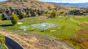 Aerial view of residential area with mountains