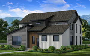 View of front of property featuring a mountain view, a front lawn, and roof with shingles