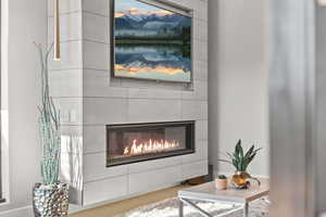 Detailed view of a tile fireplace
