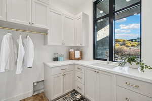 Laundry room with a sink and wood finished floors