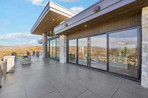 View of patio featuring a mountain view