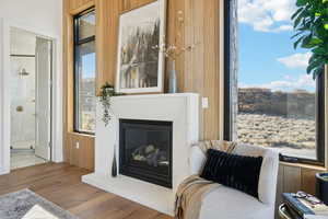 Living area with a glass covered fireplace, wood finished floors, and wood walls
