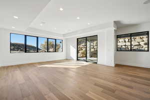 Spare room with a tray ceiling, light wood finished floors, and recessed lighting